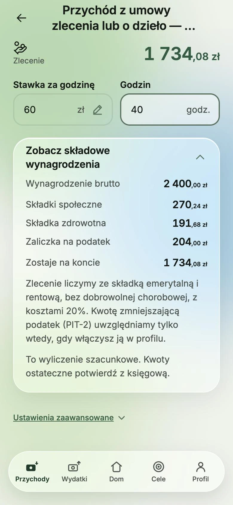 Ekran zlecenia w zakładce Przychody: stawka za godzinę i godziny, a pod nimi z czego składa się wynagrodzenie — kwota brutto, składki społeczne, składka zdrowotna, zaliczka na podatek i to, co zostaje na koncie.